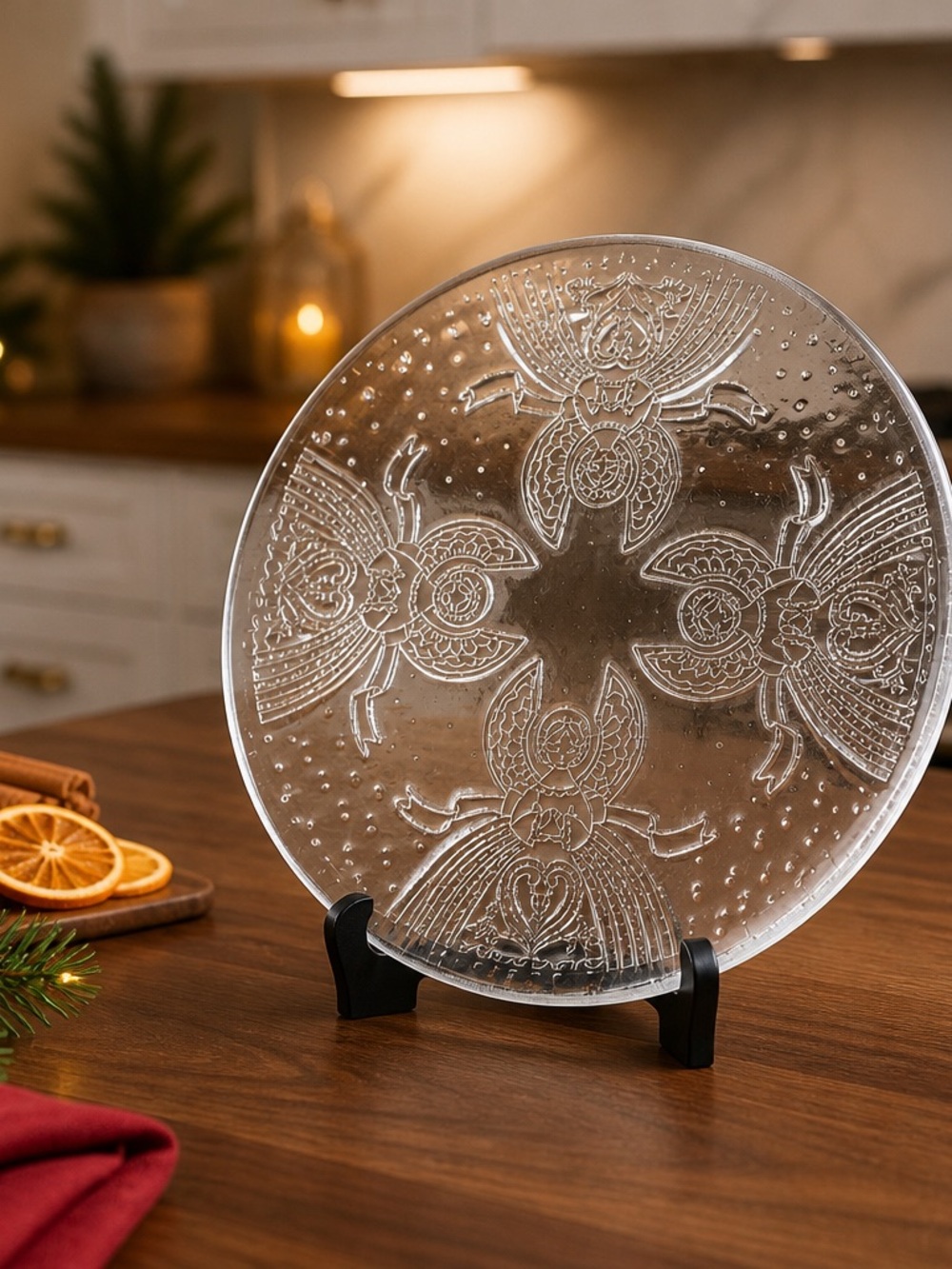 Neiman Marcus Luxury Glass Decorative Plate with Intricate Angel Etched Motifs